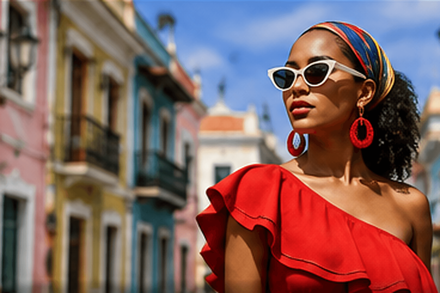Editorial artwork of contemporary Caribbean fashion on a colorful historic-style street.