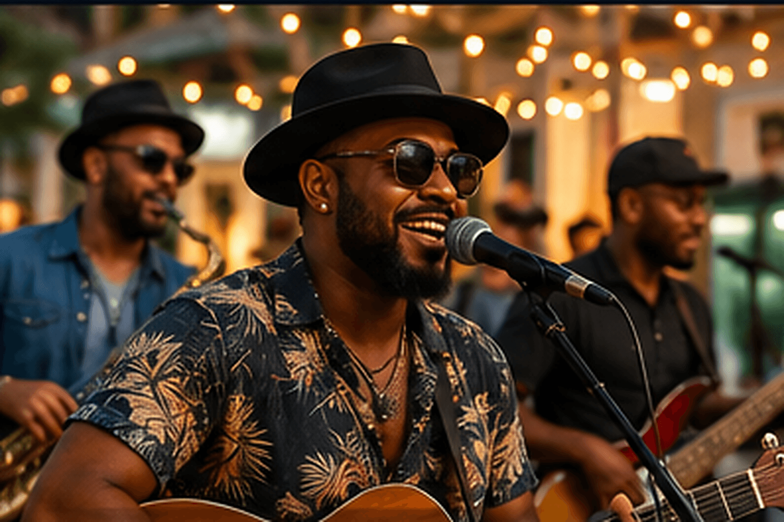 Editorial artwork of Dominican musicians performing live under warm evening lights.