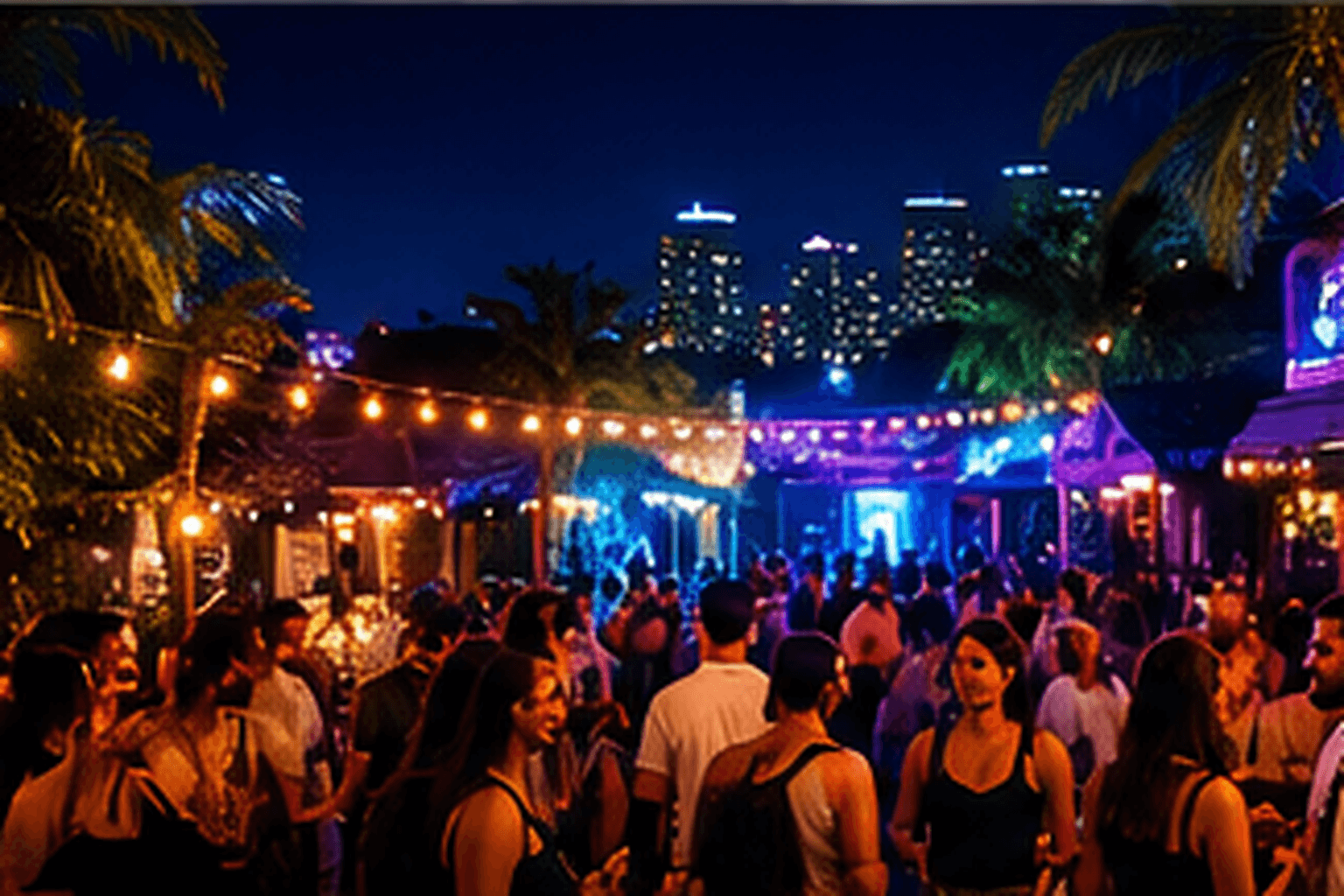 Editorial artwork of a lively open-air Dominican nightlife scene with crowds, palm trees, and colorful evening lights.
