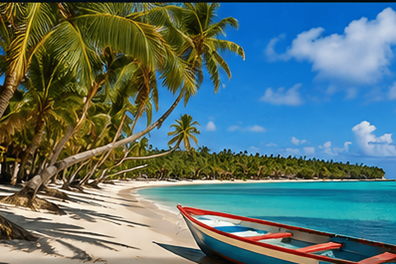 Editorial artwork of a palm-lined Caribbean beach with turquoise water and a small coastal boat.