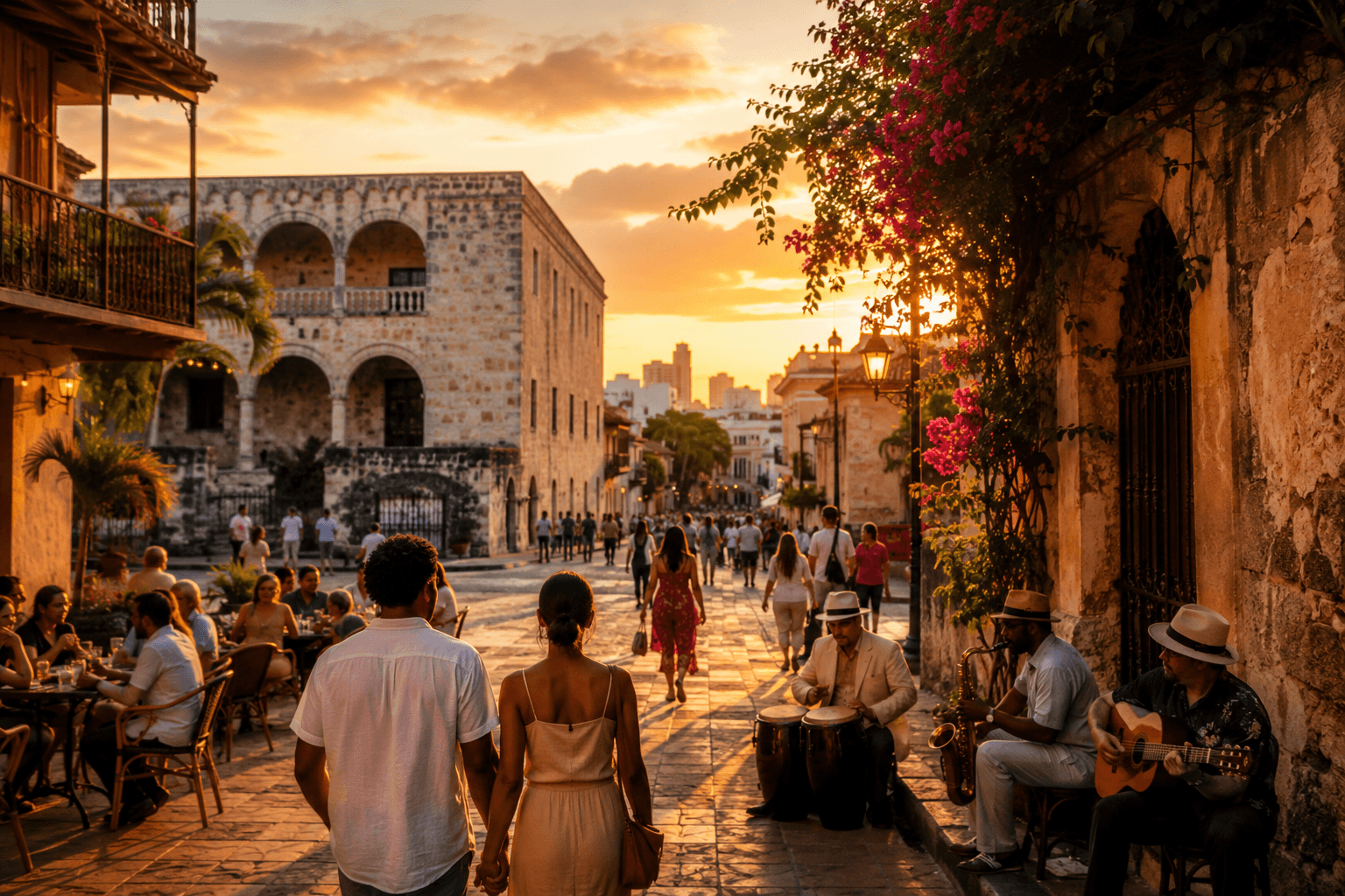 People walk through Santo Domingo's Colonial Zone at sunset while musicians perform nearby.