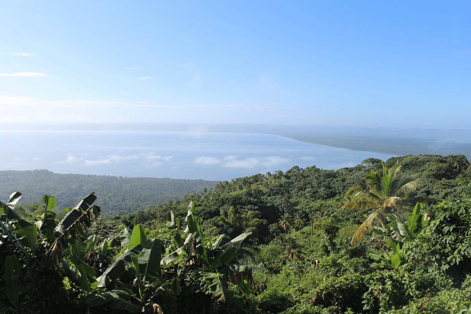 View across lush tropical hills toward Samaná Bay on the Samaná Peninsula in the Dominican Republic.